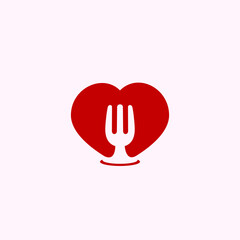 red heart and cutlery for icons, symbols or logos for restaurants, cafes, bars, food events, culinary
