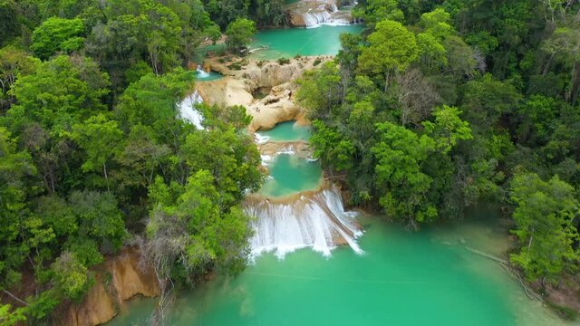 Mexico tourist destination Cascadas de Roberto Barrios waterfall, 4K aerial view