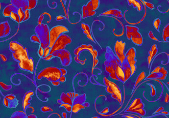 Fototapeta na wymiar Watercolor hand painted paisley seamless pattern. Whimsical flowers, leaves, brunches, paisley. Oriental illustration. Islam, arabic, indian, spain, turkish, pakistan, ottoman motif. Water color print