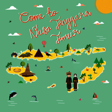 Nusa Tenggara Timur Indonesia tourism map vector Illustration with animals and landmarks. Perfect for advertising, tourist guides, travel blogs, books, atlases.