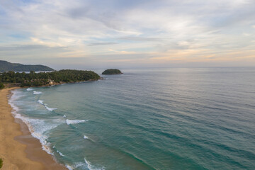 .aerial view above quite beach in Karon beach Phuket..Calm seas during the coronavirus pandemic..