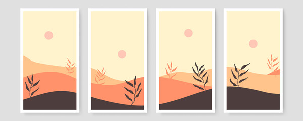 Set of three Abstract Aesthetic mid century modern landscape Contemporary boho poster cover template. Minimal and natural Illustrations for art print, postcard, wallpaper, wall art