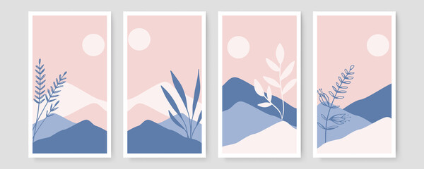 Abstract mountain landscapes. Contemporary posters, boho backgrounds, modern vector sun moon printable wall decor. Abstract scandinavian minimalist art. Lines and circles design. Trendy mid century