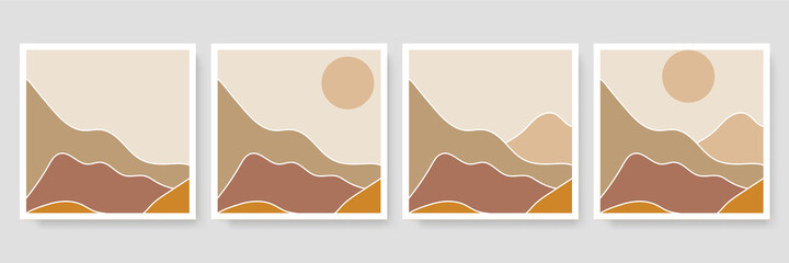 Set of four Abstract Aesthetic mid century modern landscape Contemporary boho poster cover template. Minimal and natural Illustrations for art print, postcard, wallpaper, wall art