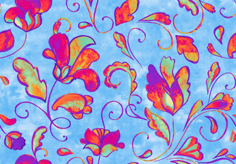 Watercolor hand painted paisley seamless pattern. Whimsical flowers, leaves, brunches, paisley. Oriental illustration. Islam, arabic, indian, spain, turkish, pakistan, ottoman motif. Water color print