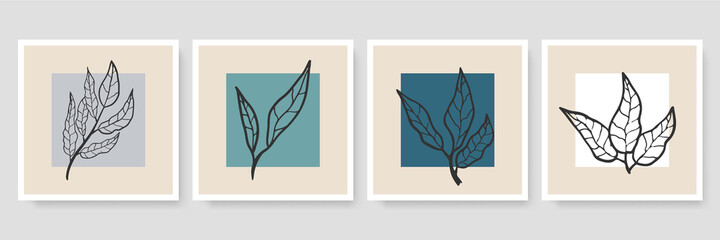 Set of creative minimalist hand draw illustrations green leaves and pastel simple shape for wall decoration, postcard or brochure cover design, poster