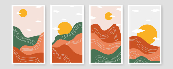 Set of creative minimalist modern line art print. Abstract mountain contemporary aesthetic backgrounds landscapes with planet, mountain, forest, sea, skyline, wave. vector illustrations
