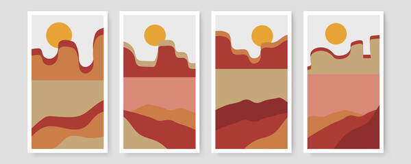 Modern minimalist abstract aesthetic illustrations. Bohemian style wall decor. Collection of contemporary artistic posters with landscape art.