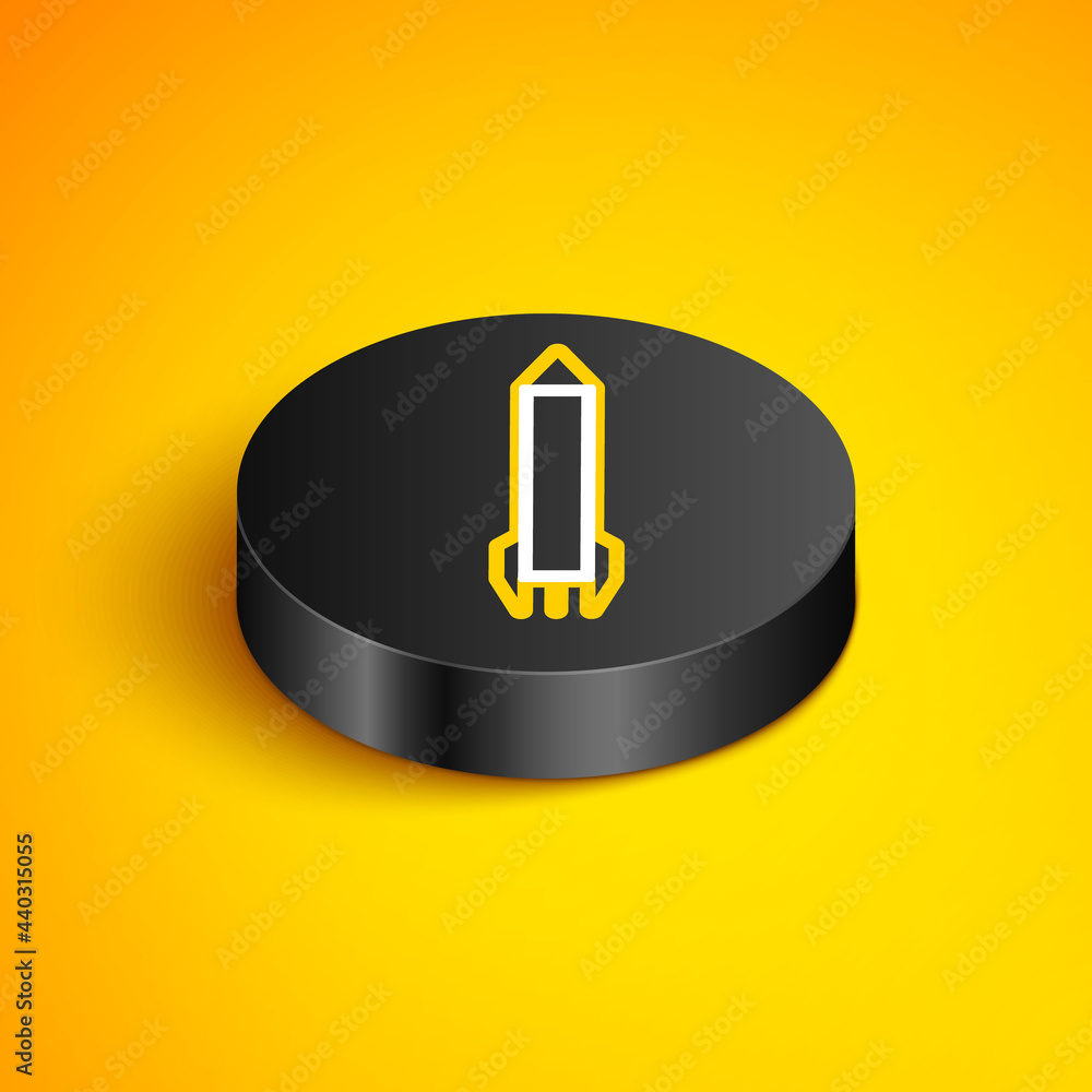 Poster isometric line rocket icon isolated on yellow background. black circle button. vector