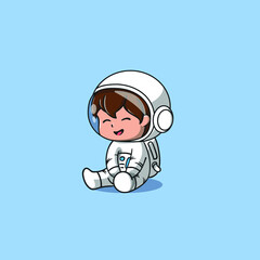 astronaut boy sitting with smile vector icon illustration. Science Icon Concept Isolated. Flat Cartoon Style Suitable for Web Landing Page, Banner, Flyer, Sticker, Card
