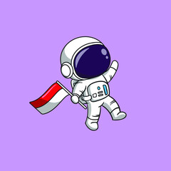 Cute Astronaut Floating With flag On Space Cartoon Vector Icon Illustration. Flat Cartoon Style Suitable for Web Landing Page, Banner, Flyer, Sticker, Card