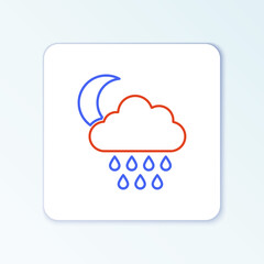 Line Cloud with rain and moon icon isolated on white background. Rain cloud precipitation with rain drops. Colorful outline concept. Vector