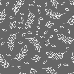 Vector Illustration of white doodle leaves isolated on a gray background, Seamless pattern