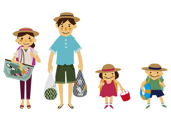 夏のレジャーのイラスト。
夏のアイコン素材。夏服の人物。
