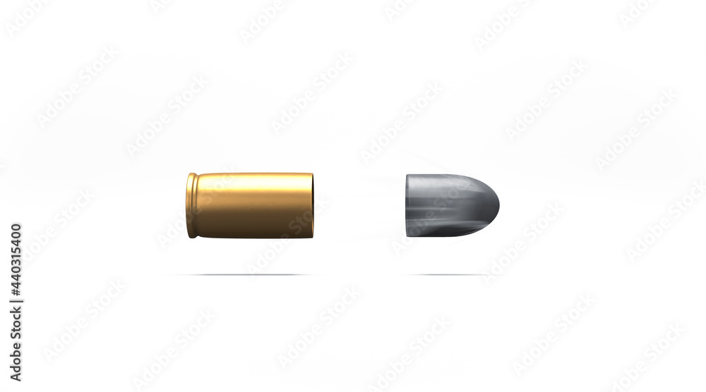 Poster 3d rendering, close up of pistol bullet when shooting on side view, realistic mock up, isolated on w