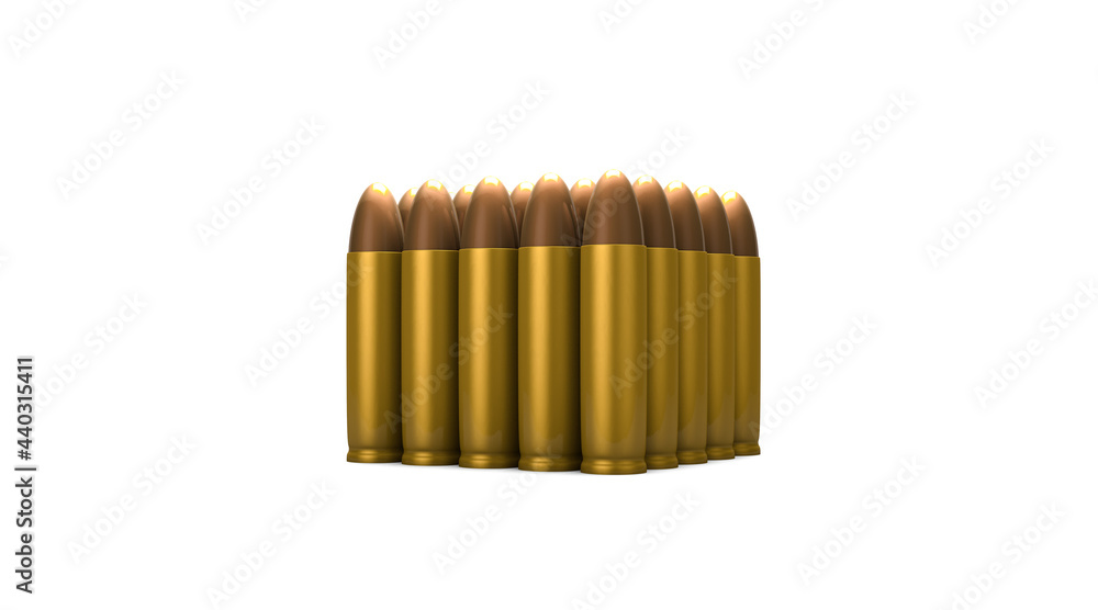 Poster 3d rendering, close up pack of bullets multiple row, isolated on white background.