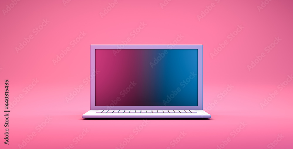 Fototapete 3d rendering, realistic mock up of computer laptop put on the floor with minimal style, empty space 