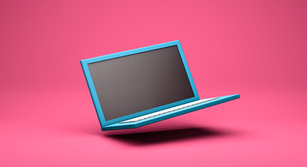 3D rendering, Realistic mock up of computer laptop dropping on the floor with minimal style, empty space screen display, side view camera shot, pink color background.