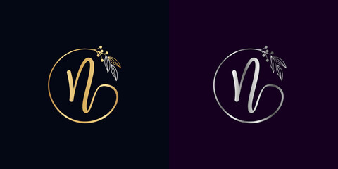 set of luxury golden and silver signature letter N isolated circle with leaves ahead. vector monogram for personal signature, cosmetic, restaurant, boutique, hotel , nature logo concept vector