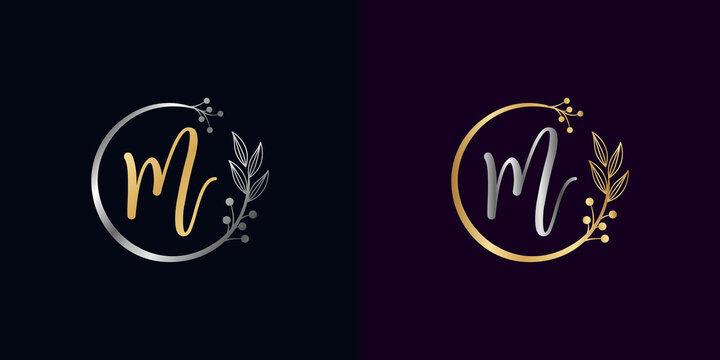 set of luxury golden and silver signature letter M isolated circle with leaves ahead. vector monogram for personal signature, cosmetic, restaurant, boutique, hotel , nature logo concept vector