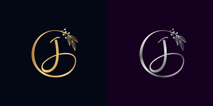 set of luxury golden and silver signature letter J isolated circle with leaves ahead. vector monogram for personal signature, cosmetic, restaurant, boutique, hotel , nature logo concept vector