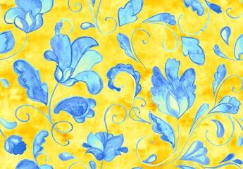 Peel and stick wallpaper Yellow Watercolor hand painted paisley seamless pattern. Whimsical flowers, leaves, brunches, paisley. Oriental illustration. Islam, arabic, indian, spain, turkish, pakistan, ottoman motif. Water color print