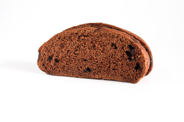 Slices of brown bread with sweet chocolate on white.
