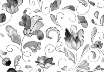 Watercolor hand painted paisley seamless pattern. Whimsical flowers, leaves, brunches, paisley. Oriental illustration. Islam, arabic, indian, spain, turkish, pakistan, ottoman motif. Water color print