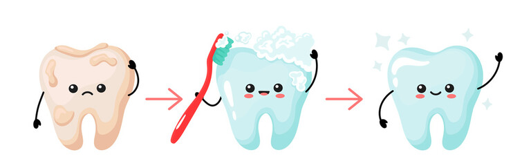 cleansing your teeth. stages of cleaning. cute kawaii teeth. vector illustration in cartoon style.