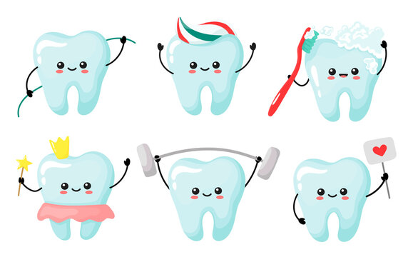 Set of cute kawaii teeth. care notches. vector illustration in cartoon style.
