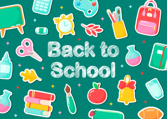 banner back to school. school subjects stickers. cartoon style.