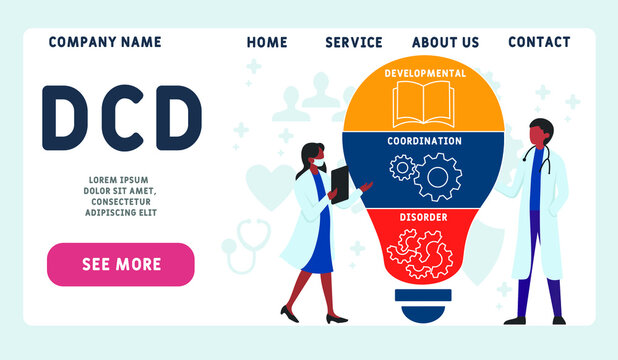Vector website design template . DCD - Developmental Coordination Disorder acronym. medical concept. illustration for website banner, marketing materials, business presentation, online advertising.