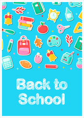 banner back to school. school subjects stickers. cartoon style.