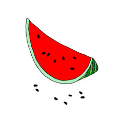 Vector outline illustration of one red and green slice fresh watermelon with black seeds isolated on a white background