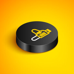 Isometric line Chainsaw icon isolated on yellow background. Black circle button. Vector