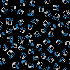 Line Computer monitor icon isolated seamless pattern on black background. PC component sign. Vector