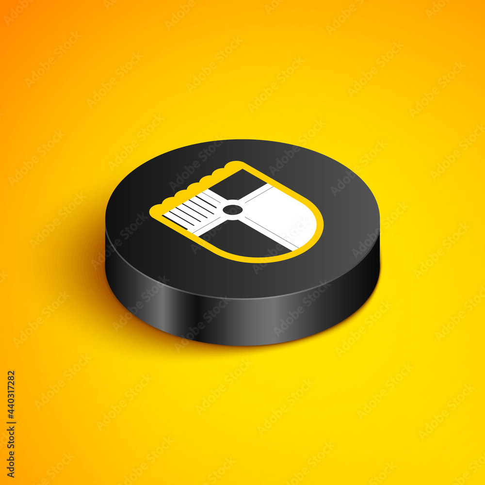 Poster isometric line shield for game icon isolated on yellow background. black circle button. vector