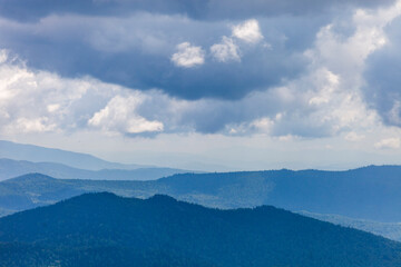 Blue hills in the distance. Mountain Shoria landscapes. Kemerovo region, Russia