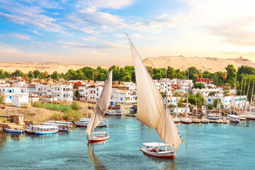 Traditional view of Aswan, the Nile and sailboats, Egypt