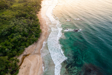 Tropical Island Aerial View. Wild coastline lush exotic green jungle. Red Frog Beach in Bastimentos Island, Bocas del Toro, Central America, Panama.