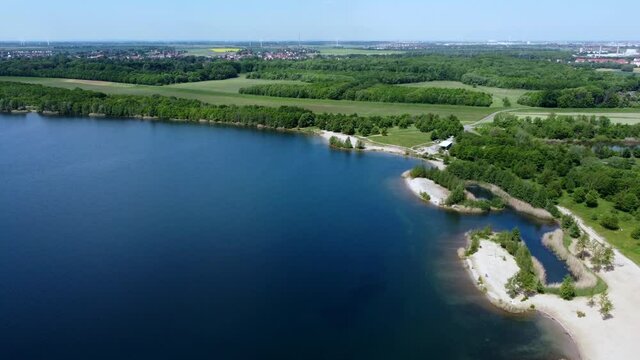 Drone flight over lake Cospuden (in German: Cospudener See) near Markkleeberg / Leipzig (Germany)	