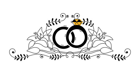 Wedding decoration element for invitation with rings, lilies and leaves. Flat Outline Cartoon Vector Illustration
