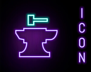 Glowing neon line Anvil for blacksmithing and hammer icon isolated on black background. Metal forging. Forge tool. Colorful outline concept. Vector