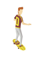 Visitor of isometric skatepark. Young man riding on skateboard. Modern youth leisure. Recreation playground vector illustration