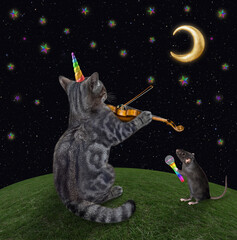 A gray cat unicorn musician is playing the violin on the meadow at moon night. A rat holds a...