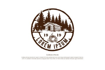 Vintage Retro Circular Pine Trees Forest with Barn Cabin Chalet and Coffee Logo Design Vector
