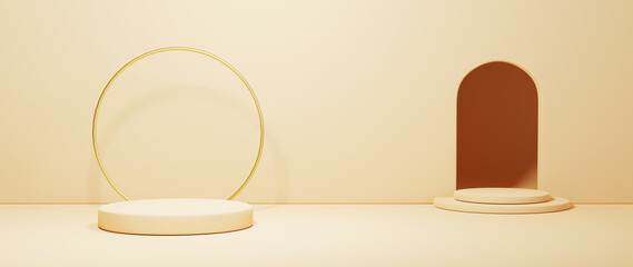 3D rendering of mockup background. Podium for show product. Blank scene showcase with empty round stage.