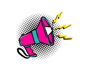 Hand drawn comic shout in cartoon style. Megaphone icon isolated on white background. Emblem for announcements, promotions, events, alerts. Vector illustration.