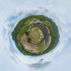 Little planet 360 degree sphere. Panorama of aerial view of Tha Chomphu White Bridge, Lamphun,...