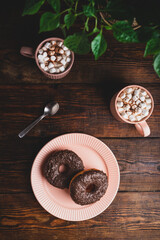 Homemade Chocolate Donuts and Hot Chocolate with Marshmallow